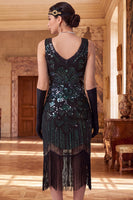 Load image into Gallery viewer, Sparkly Black Sequin Bodycon V-Neck Fringed Midi 1920s Dress
