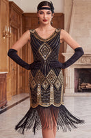 Load image into Gallery viewer, Sparkly Black Golden V-Neck Fringed Bodycon Sequins Midi 1920s Dress