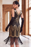 Load image into Gallery viewer, Sparkly Black Golden V-Neck Fringed Bodycon Sequins Midi 1920s Dress