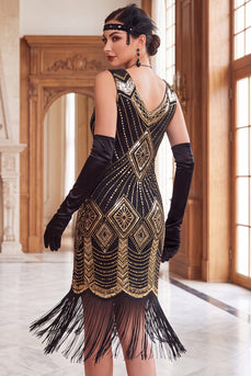 Sparkly Black Golden V-Neck Fringed Bodycon Sequins Midi 1920s Dress