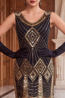 Load image into Gallery viewer, Sparkly Black Golden V-Neck Fringed Bodycon Sequins Midi 1920s Dress