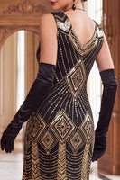 Load image into Gallery viewer, Sparkly Black Golden V-Neck Fringed Bodycon Sequins Midi 1920s Dress