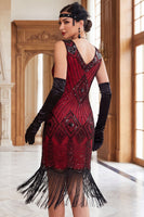 Load image into Gallery viewer, Sparkly Black Golden V-Neck Fringed Bodycon Sequins Midi 1920s Dress