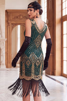 Load image into Gallery viewer, Sparkly Black Golden V-Neck Fringed Bodycon Sequins Midi 1920s Dress