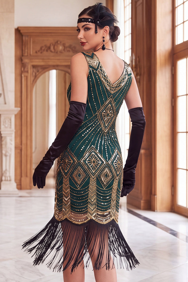Load image into Gallery viewer, Sparkly Black Golden V-Neck Fringed Bodycon Sequins Midi 1920s Dress