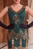 Load image into Gallery viewer, Sparkly Black Golden V-Neck Fringed Bodycon Sequins Midi 1920s Dress