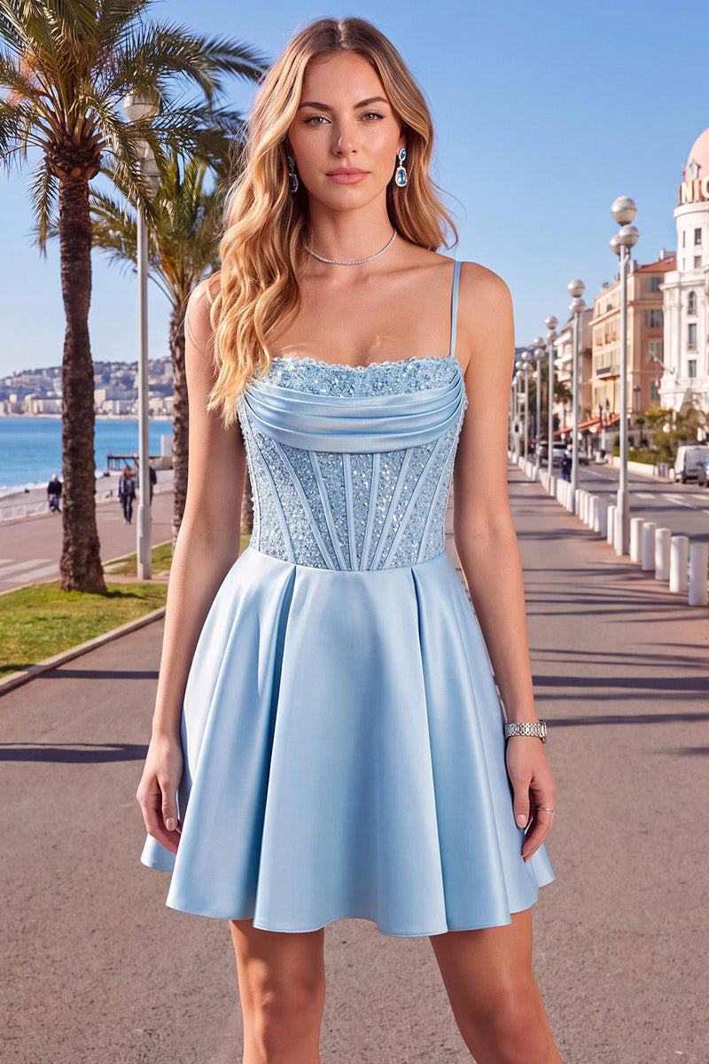 Load image into Gallery viewer, Blue Corset Sparkly A-Line Spaghetti Straps Sequins Short Cocktail Dress
