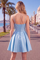 Load image into Gallery viewer, Blue Corset Sparkly A-Line Spaghetti Straps Sequins Short Cocktail Dress