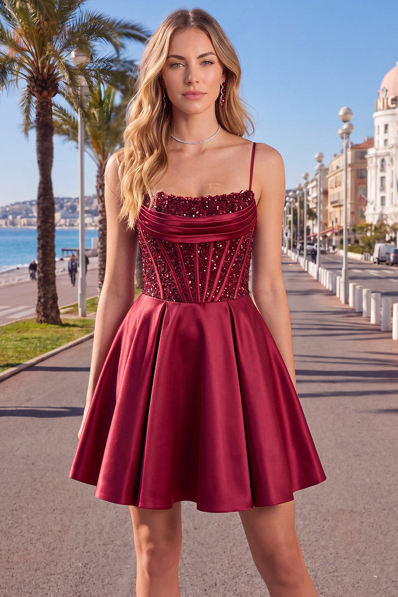 Load image into Gallery viewer, Blue Corset Sparkly A-Line Spaghetti Straps Sequins Short Cocktail Dress
