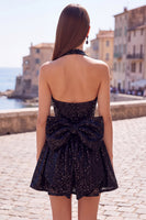 Load image into Gallery viewer, White Sparkly Halter Sequin A Line Short Cocktail Dress with Bow