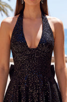 Load image into Gallery viewer, White Sparkly Halter Sequin A Line Short Cocktail Dress with Bow