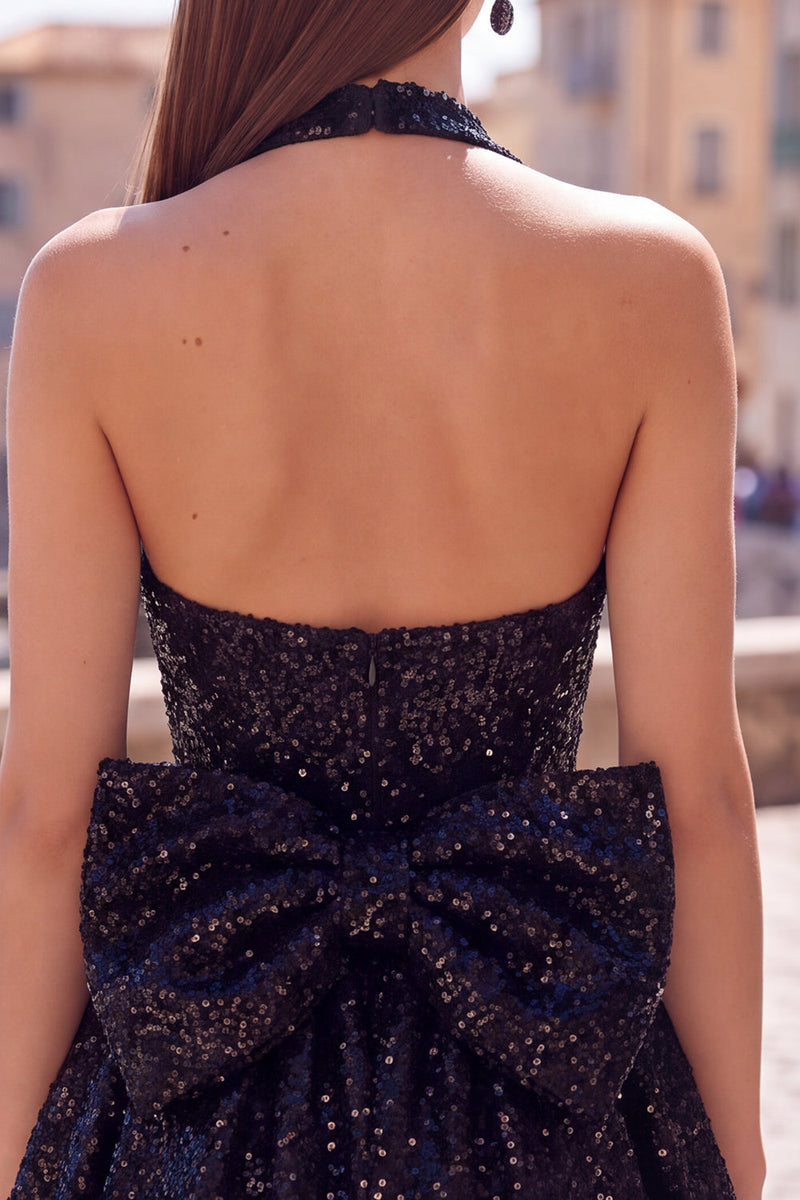 Load image into Gallery viewer, White Sparkly Halter Sequin A Line Short Cocktail Dress with Bow