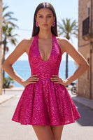 Load image into Gallery viewer, White Sparkly Halter Sequin A Line Short Cocktail Dress with Bow