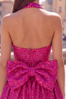 Load image into Gallery viewer, White Sparkly Halter Sequin A Line Short Cocktail Dress with Bow