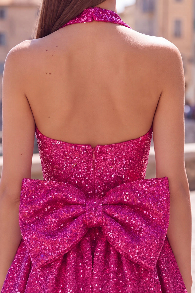 Load image into Gallery viewer, White Sparkly Halter Sequin A Line Short Cocktail Dress with Bow