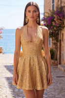 Load image into Gallery viewer, White Sparkly Halter Sequin A Line Short Cocktail Dress with Bow