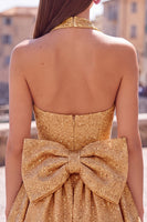 Load image into Gallery viewer, White Sparkly Halter Sequin A Line Short Cocktail Dress with Bow