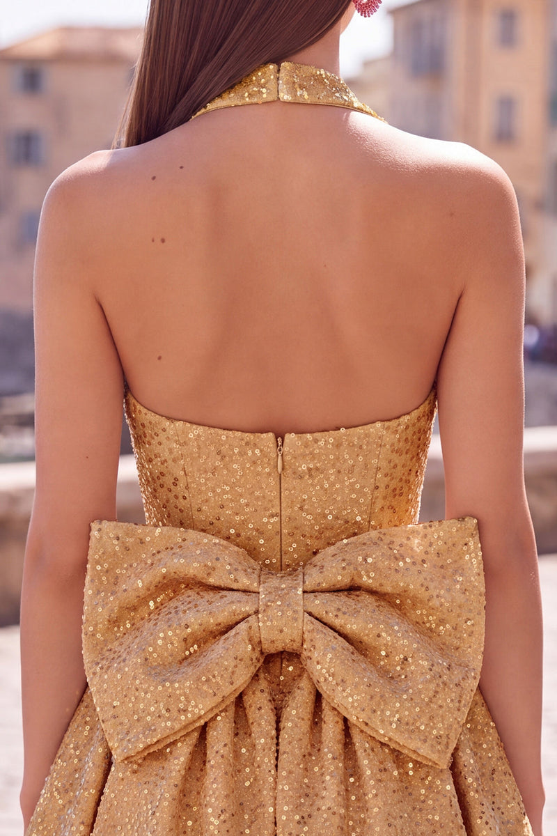 Load image into Gallery viewer, White Sparkly Halter Sequin A Line Short Cocktail Dress with Bow