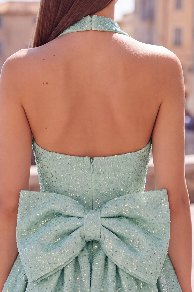 Load image into Gallery viewer, White Sparkly Halter Sequin A Line Short Cocktail Dress with Bow