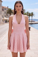 Load image into Gallery viewer, White Sparkly Halter Sequin A Line Short Cocktail Dress with Bow