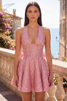 Load image into Gallery viewer, White Sparkly Halter Sequin A Line Short Cocktail Dress with Bow