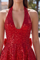 Load image into Gallery viewer, White Sparkly Halter Sequin A Line Short Cocktail Dress with Bow