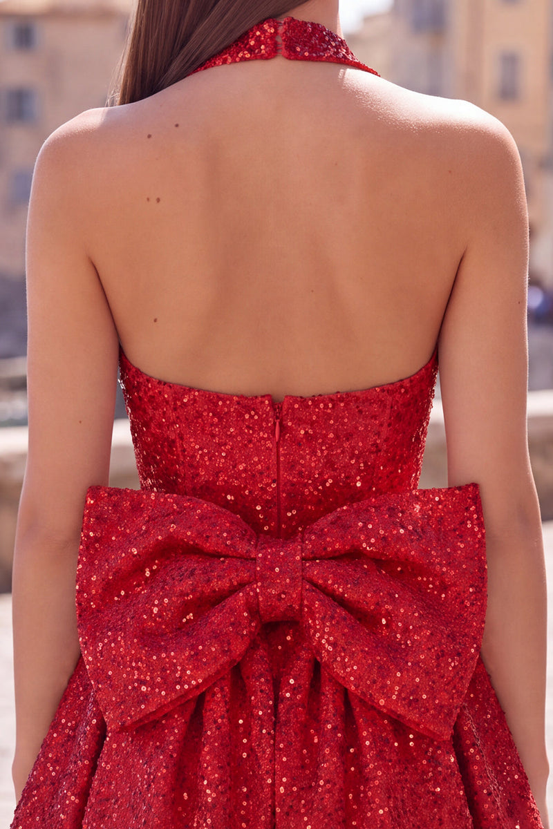 Load image into Gallery viewer, White Sparkly Halter Sequin A Line Short Cocktail Dress with Bow