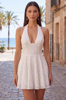 Load image into Gallery viewer, White Sparkly Halter Sequin A Line Short Cocktail Dress with Bow