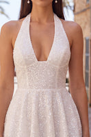 Load image into Gallery viewer, White Sparkly Halter Sequin A Line Short Cocktail Dress with Bow