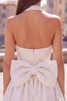 Load image into Gallery viewer, White Sparkly Halter Sequin A Line Short Cocktail Dress with Bow