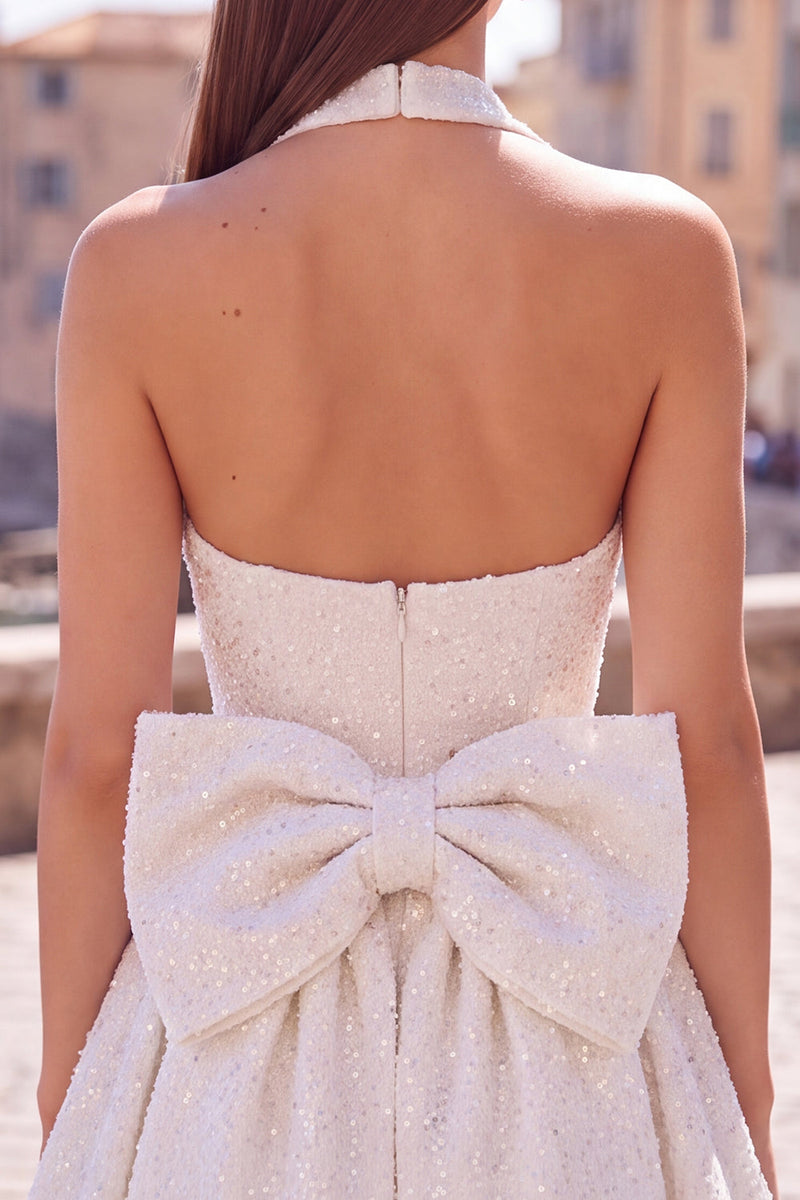 Load image into Gallery viewer, White Sparkly Halter Sequin A Line Short Cocktail Dress with Bow