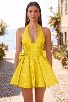 Load image into Gallery viewer, White Sparkly Halter Sequin A Line Short Cocktail Dress with Bow