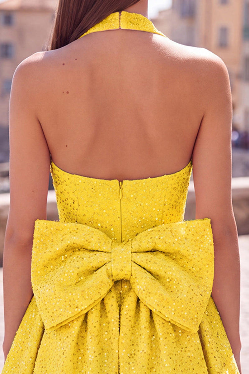 Load image into Gallery viewer, White Sparkly Halter Sequin A Line Short Cocktail Dress with Bow