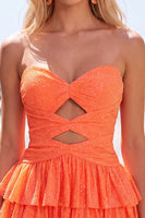 Load image into Gallery viewer, Sparkly Orange Tiered Strapless Beaded Short Cocktail Dress with Keyhole