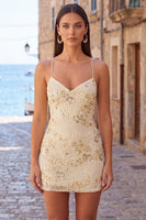 Load image into Gallery viewer, Floral Fuchsia Tight Sparkly Sequin Spaghetti Straps Short Cocktail Dress