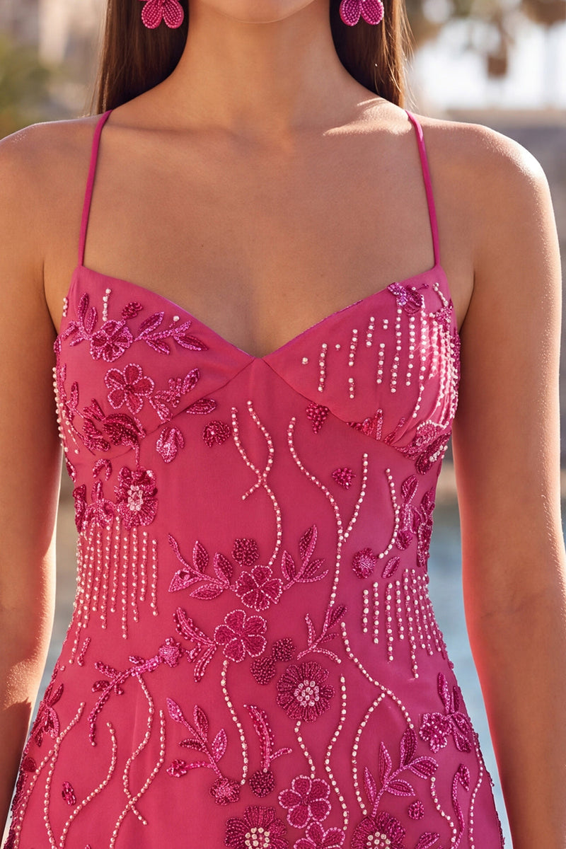 Load image into Gallery viewer, Floral Fuchsia Tight Sparkly Sequin Spaghetti Straps Short Cocktail Dress