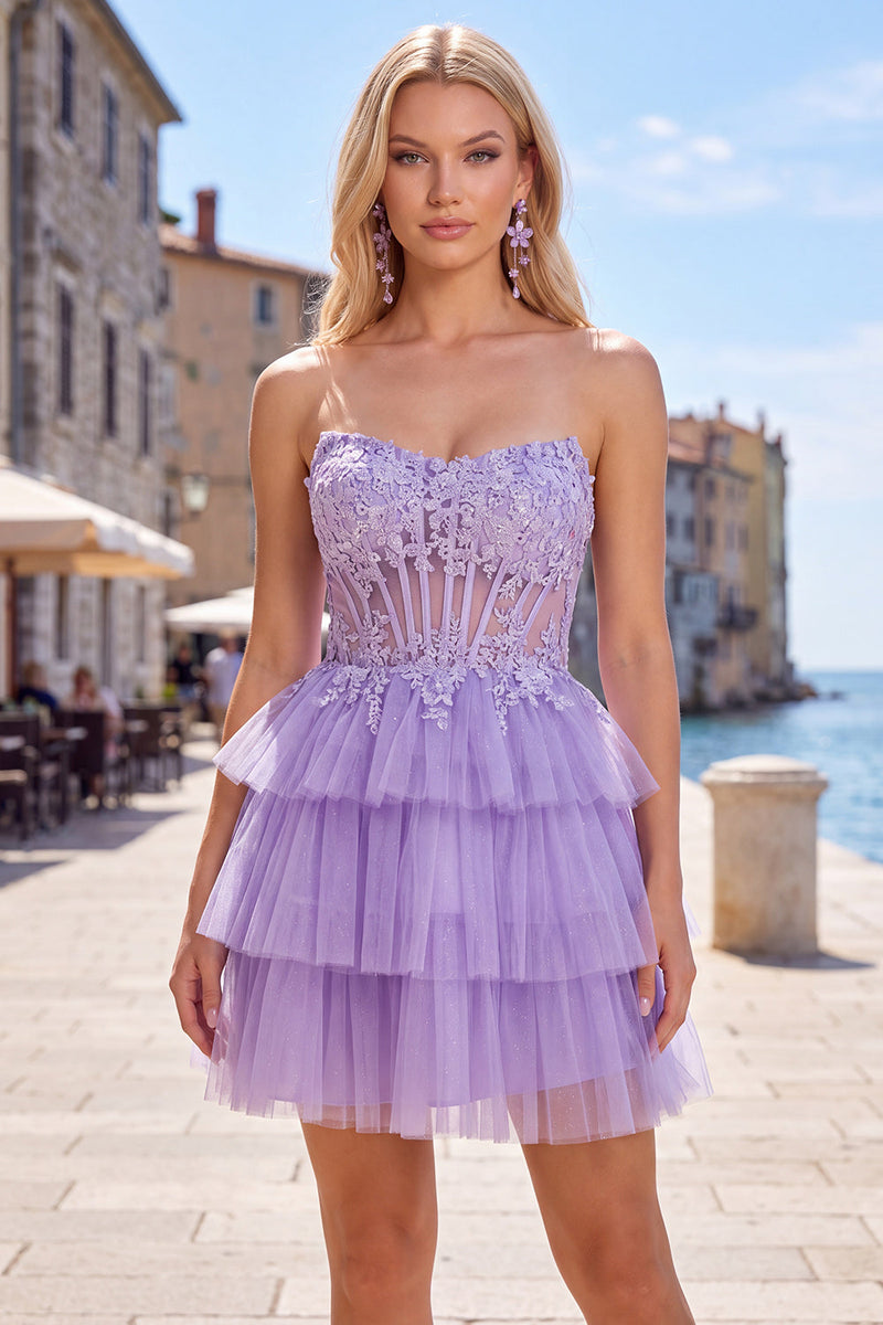Load image into Gallery viewer, Lilac A Line Tiered Corset Short Cocktail Dress with Appliques