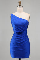 Load image into Gallery viewer, Sparkly Royal Blue One Shoulder Ruched Short Cocktail Dress with Pearls