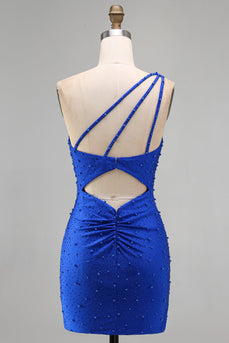 Sparkly Royal Blue One Shoulder Ruched Short Cocktail Dress with Pearls