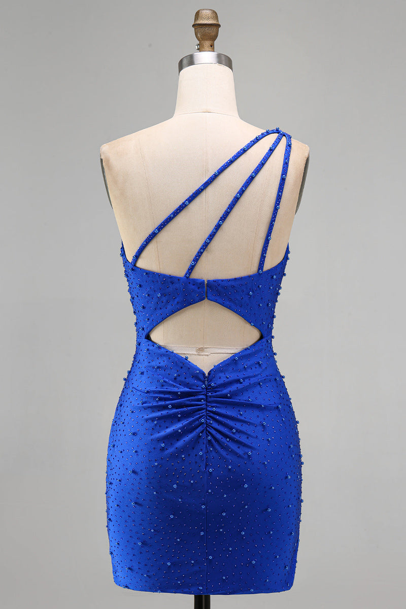 Load image into Gallery viewer, Sparkly Royal Blue One Shoulder Ruched Short Cocktail Dress with Pearls