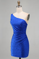 Load image into Gallery viewer, Sparkly Royal Blue One Shoulder Ruched Short Cocktail Dress with Pearls