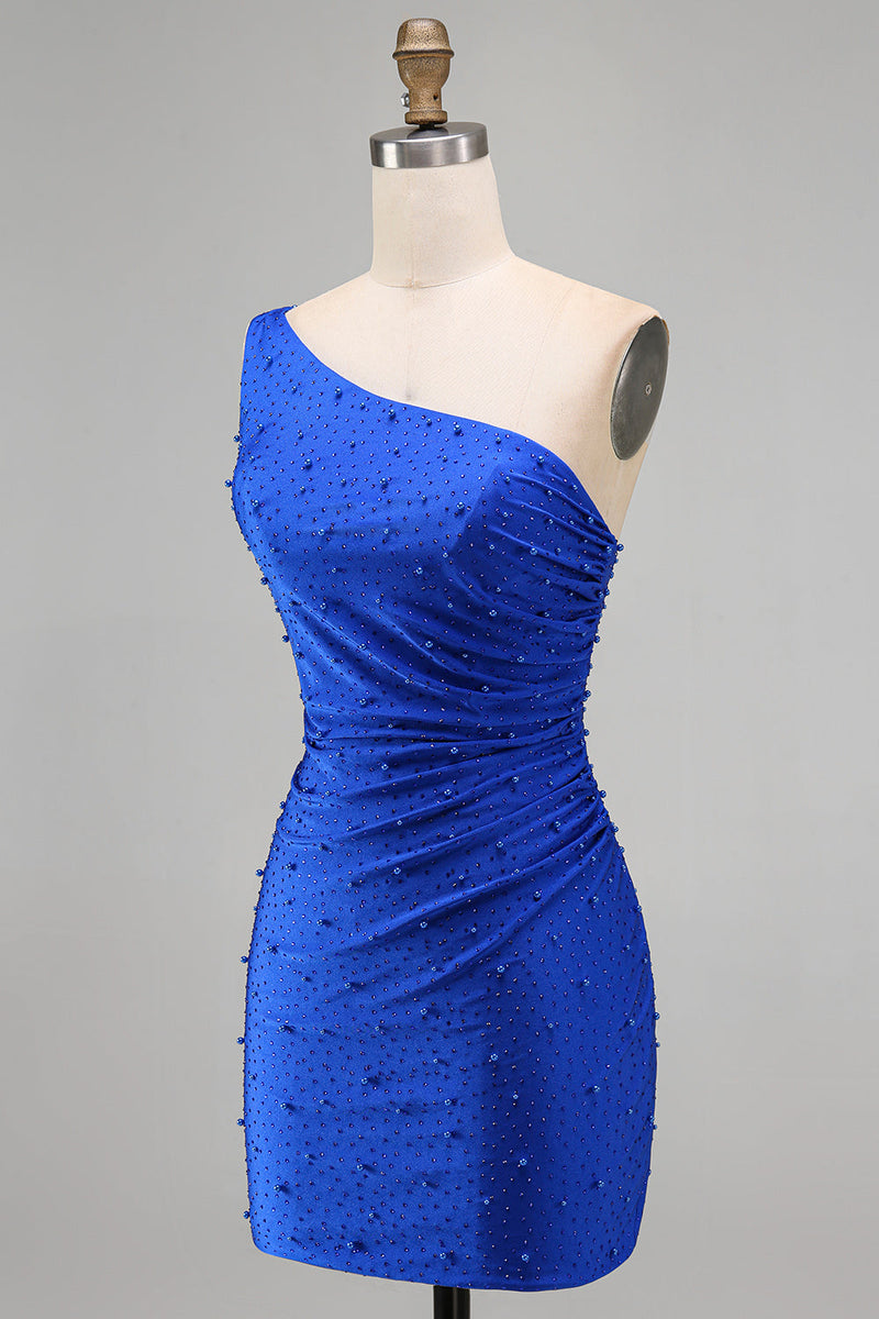 Load image into Gallery viewer, Sparkly Royal Blue One Shoulder Ruched Short Cocktail Dress with Pearls