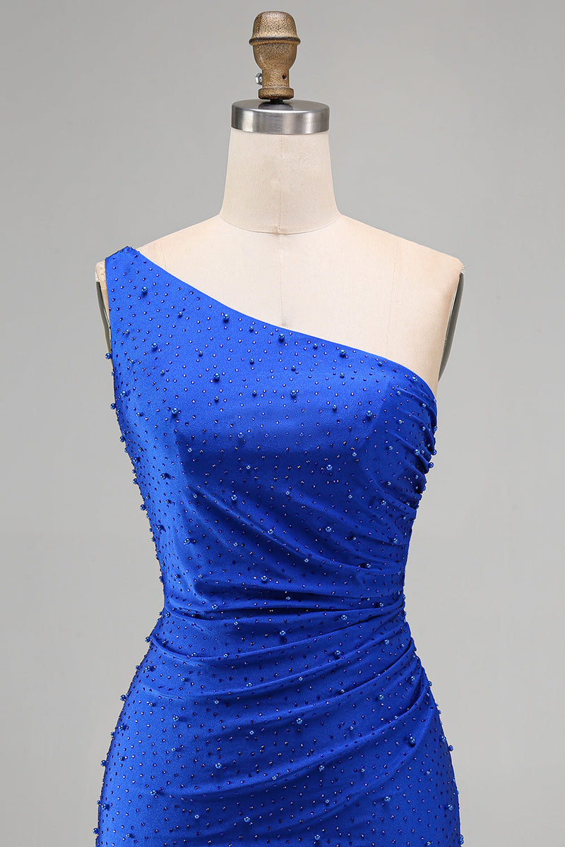 Load image into Gallery viewer, Sparkly Royal Blue One Shoulder Ruched Short Cocktail Dress with Pearls