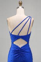 Load image into Gallery viewer, Sparkly Royal Blue One Shoulder Ruched Short Cocktail Dress with Pearls