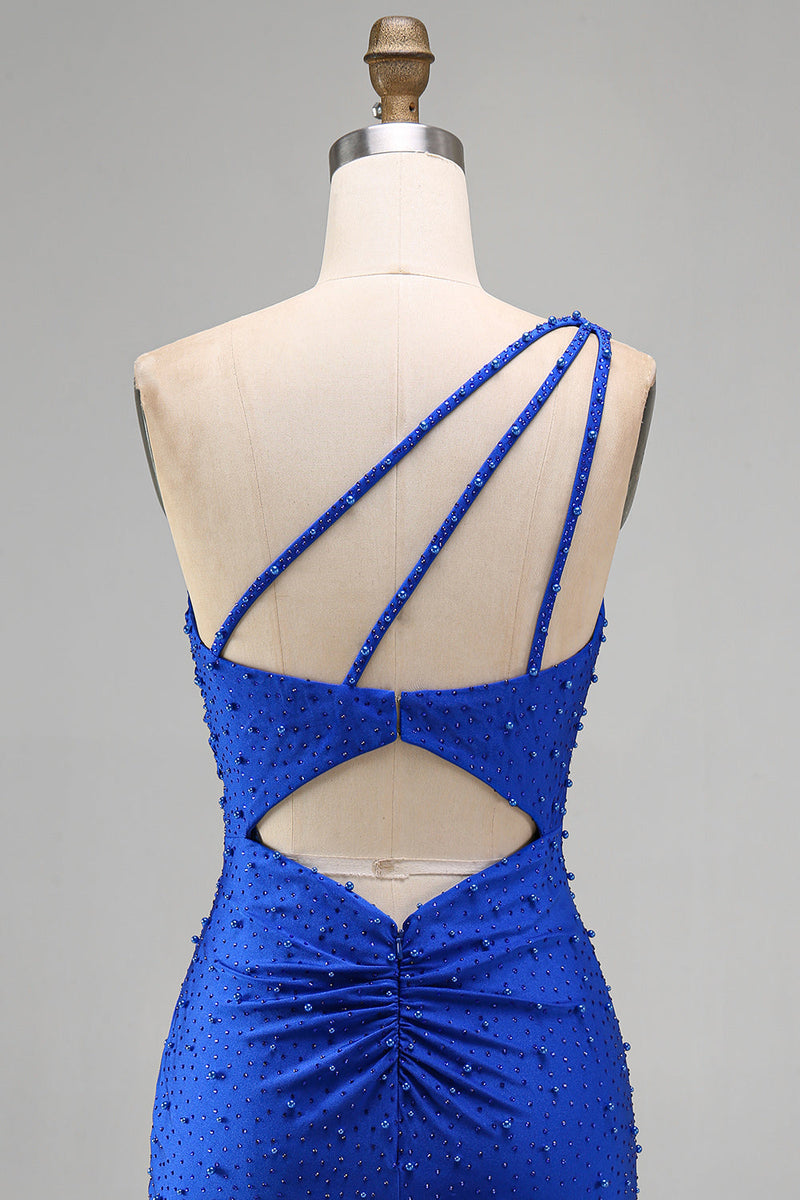 Load image into Gallery viewer, Sparkly Royal Blue One Shoulder Ruched Short Cocktail Dress with Pearls