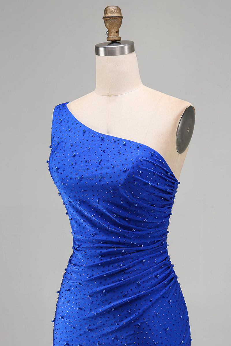 Load image into Gallery viewer, Sparkly Royal Blue One Shoulder Ruched Short Cocktail Dress with Pearls