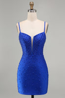 Load image into Gallery viewer, Sparkly Royal Blue Bodycon Corset Short Cocktail Dress with Pearls