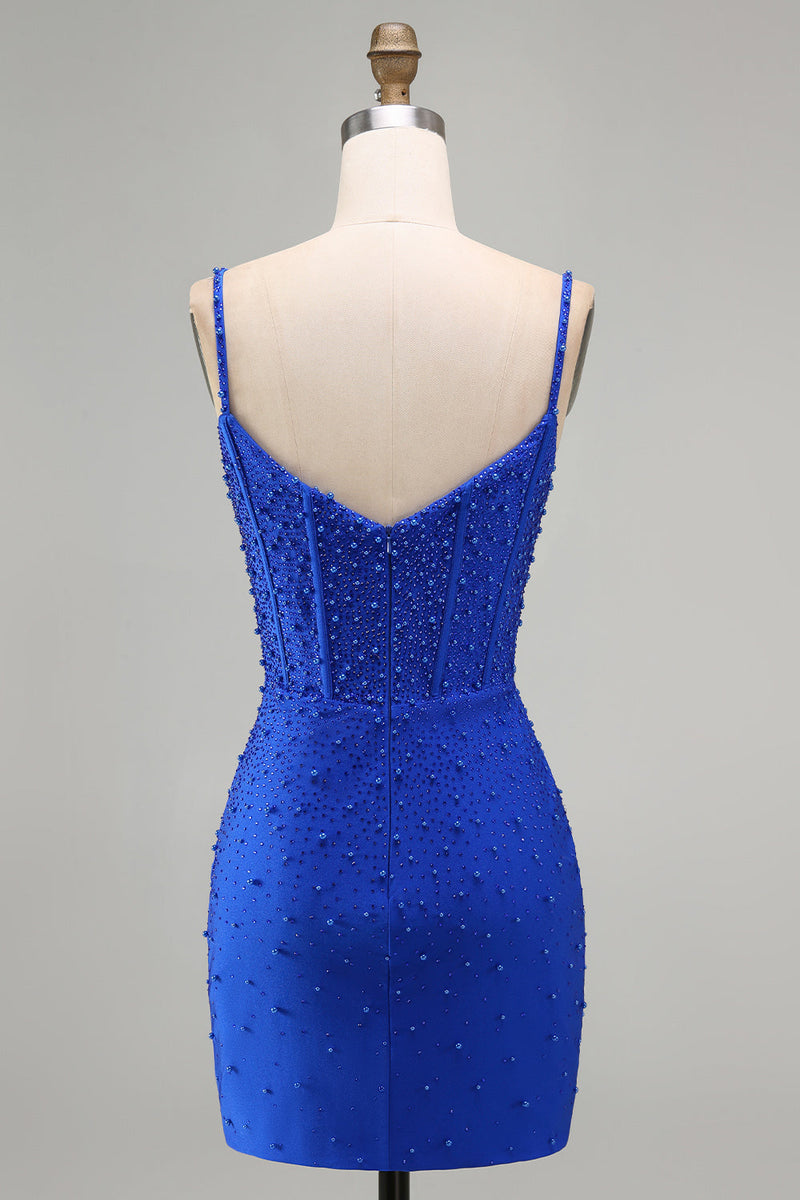Load image into Gallery viewer, Sparkly Royal Blue Bodycon Corset Short Cocktail Dress with Pearls