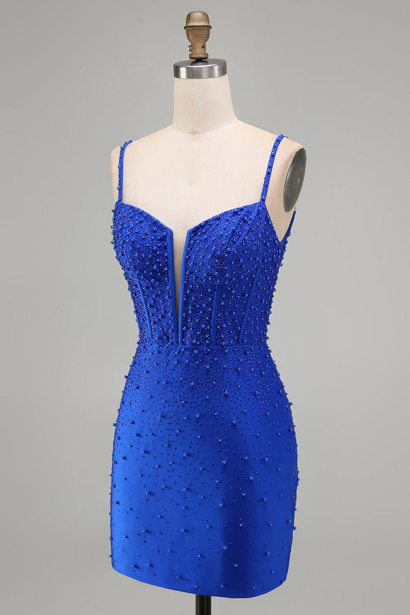 Load image into Gallery viewer, Sparkly Royal Blue Bodycon Corset Short Cocktail Dress with Pearls