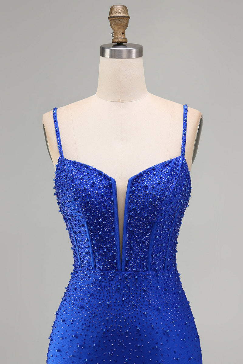 Load image into Gallery viewer, Sparkly Royal Blue Bodycon Corset Short Cocktail Dress with Pearls